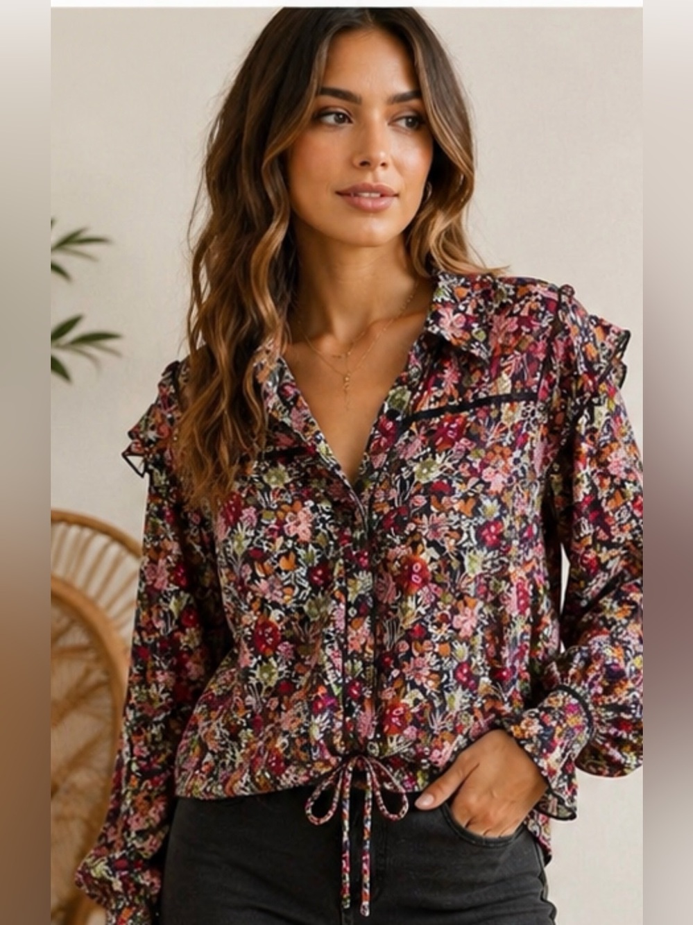 Free People Floral Boho Blouse | Ruffle Shoulder | Tie Waist | Size L